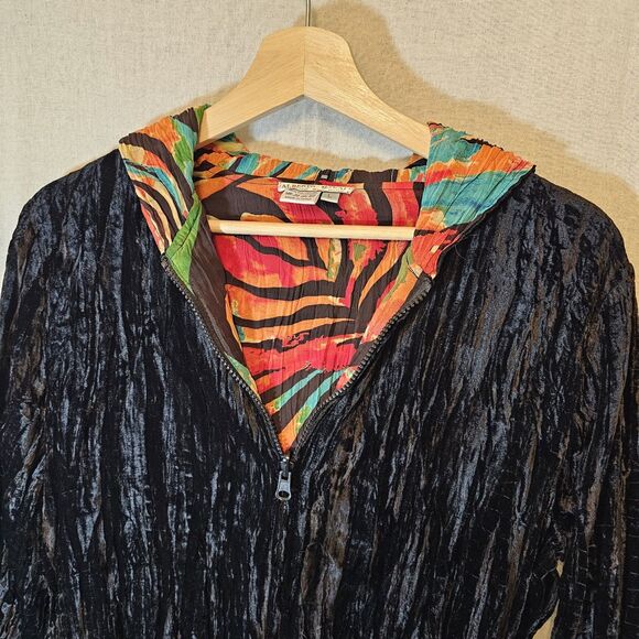 Alberto Makali Jacket Women L Reversible Black Crushed Velvet Colorful Hood - Picture 2 of 10